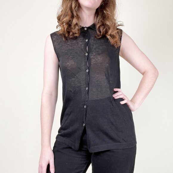 Vintage Italian Euro Trip Knit Linen Sheer Top Blouse Tunic Vest Quiet Luxury - Picture 3 of 8